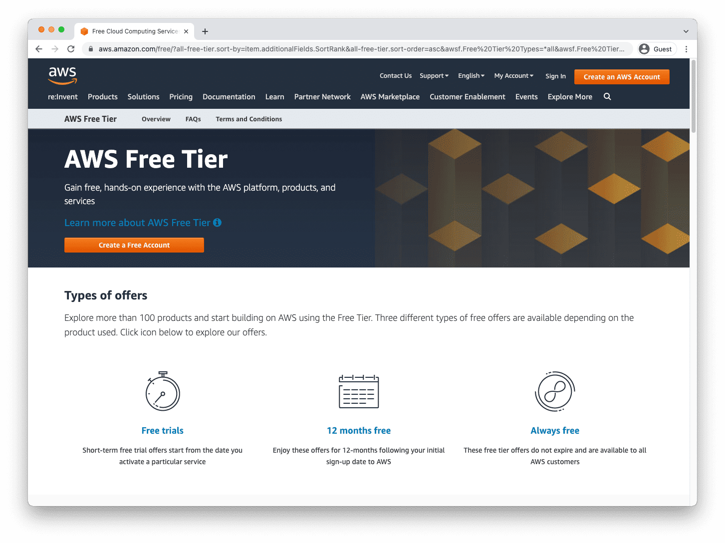 AWS sign up page for free tier