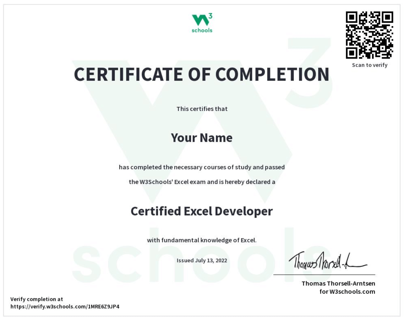 W3Schools Excel Certificate