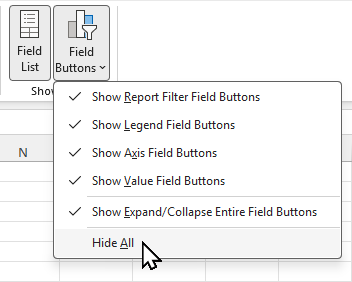 The PivotChart Analyze tab with the Field Buttons menu open and Hide All highlighted