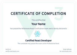 Example of the W3Schools React certificate