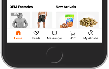 Screenshot from Alibaba, showing mobile bottom navigation with buttons like Home, Feeds and more.