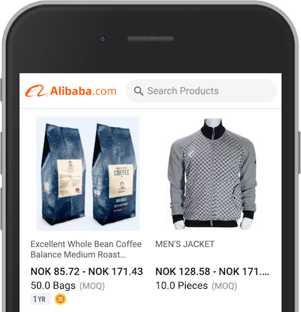 Screenshot from Alibaba on a phone, showing two products – coffee and jacket.