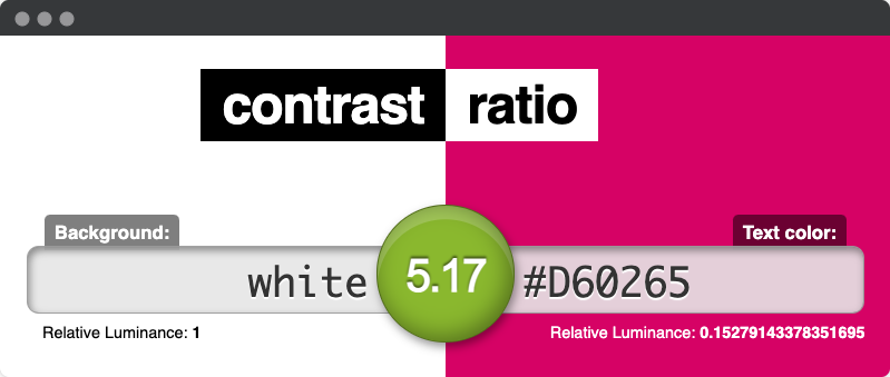 Screenshot from Contrast Ratio showing pink color on white background with a contrast ratio of 5.17.