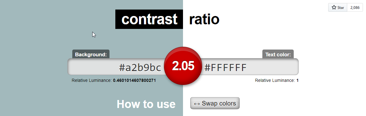 Screenshot from Contrast Ratio showing the use of green to communicate that a color has good contrast.