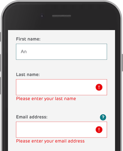 Screenshot of a form, showing three input fields. The first is in focus, the last two has errors.