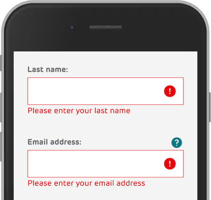 Screenshot from a form with two errors. The error message are close underneath to the input fields.