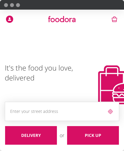 Screenshot from Foodora front page showing their use of intense pink as a color with good contrast.