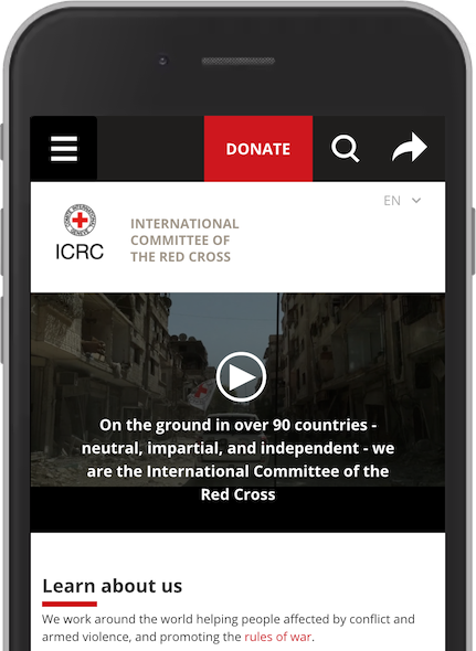 Screenshot from the front page of ICRC, International Committee of the Red Cross.