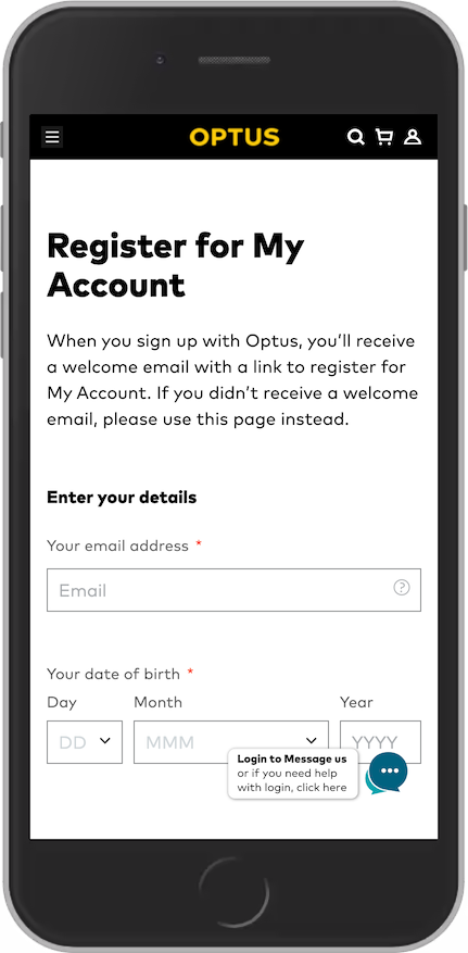 Screenshot from Optus registration form, with empty fields for email and date of birth.