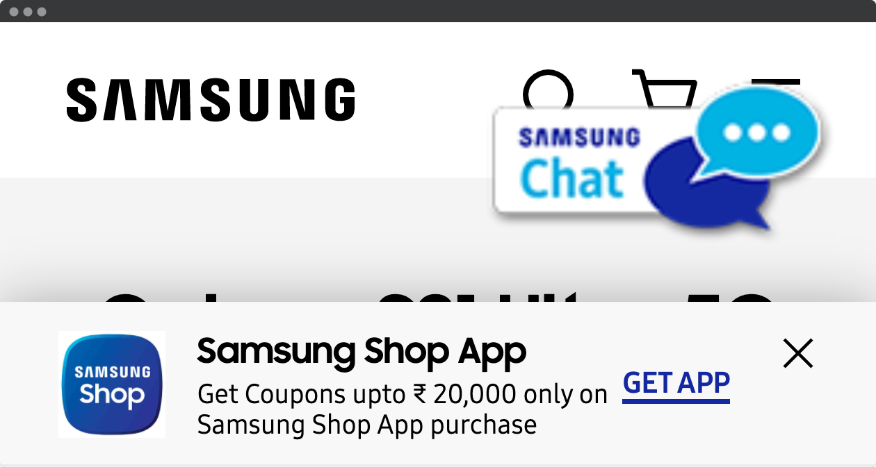 Screenshot from Samsung India web site, with 400 % page zoom showing a huge chat button and a big banner.