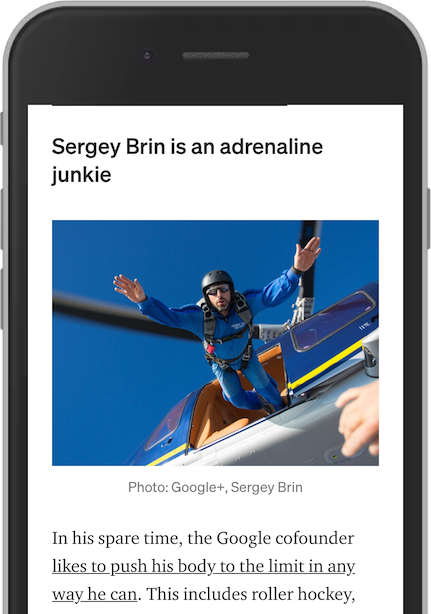 Screenshot from an Medium article where Sergey Brin is skydiving from a helicopter.