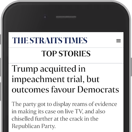 Screenshot from the front page of The Straits Times, showing a logo, the heading Top stories and an article heading.