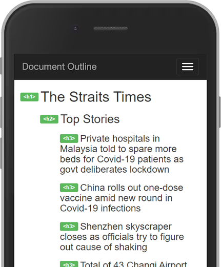 The document outline of the front page of The Straits Times, showing a good heading structure with an h1, an h2 and multiple h3's.