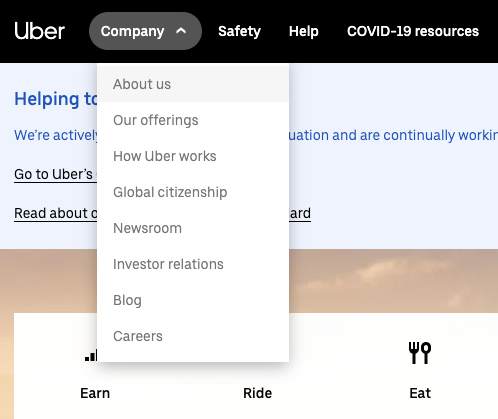 Screenshot from Uber with an open dropdown menu