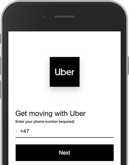 Screenshot of Ubers login page, showing a logo, a heading, a label, phone prefix dropdown, an input and a button.