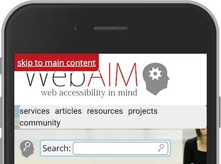 Screenshot from WebAIM, showing the link skip to main content in the upper left corner.