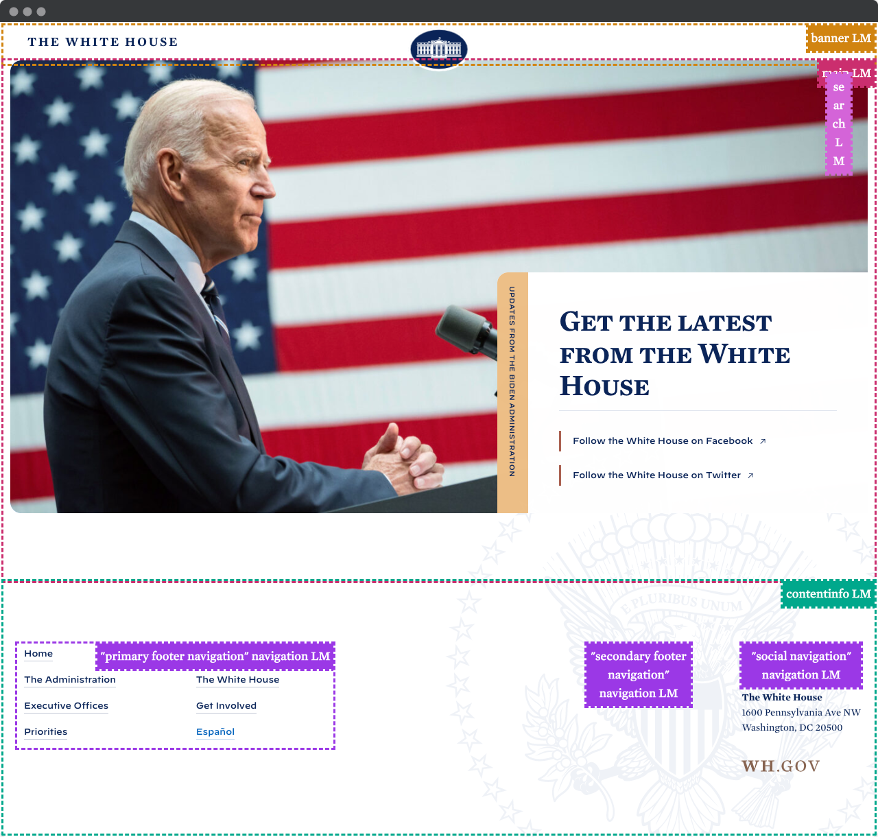 Screenshot from whitehouse.gov, showing the page is organized with banner, main, search and contentinfo landmark.
