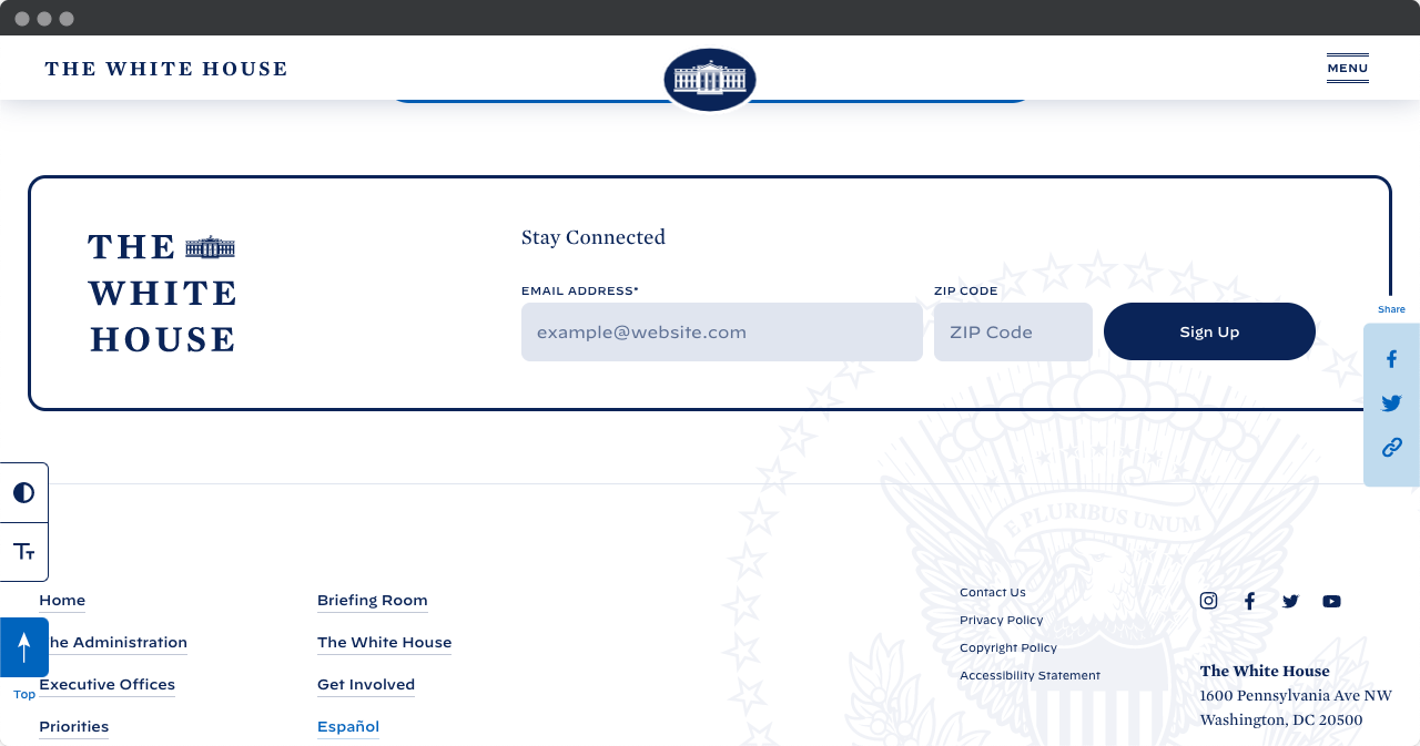 Screenshot of The White House, with a sign up form for a newsletter and buttons for sharing the page in social media.