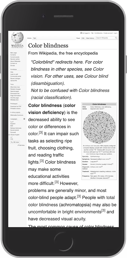 Screenshot from the article color blindness on Wikipedia, in grayscale. This makes it impossible to identify links.