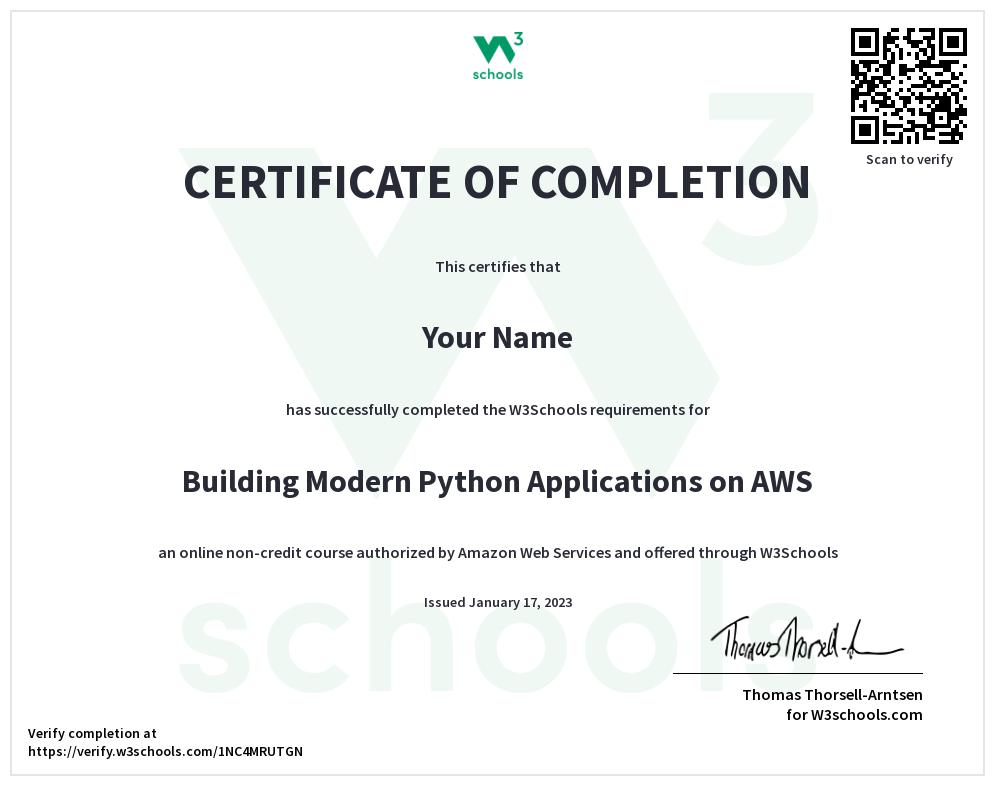 Example of a W3Schools certification for Modern Python Apps on AWS