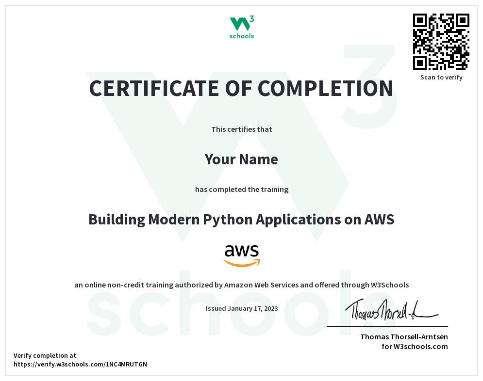 Example of a W3Schools certification for Modern Python Apps on AWS
