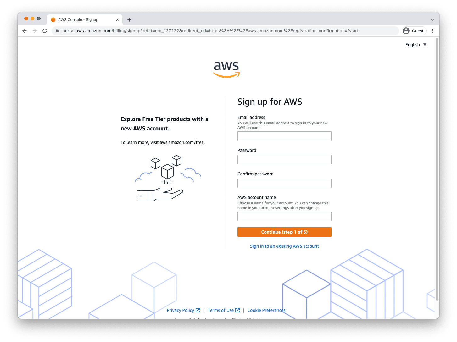 AWS free tier sign up form