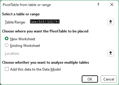 The PivotTable from table or range dialog with the range Sales!$A$1:$J$2741 and New Worksheet selected