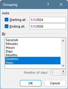 The Grouping dialog for a date field, with Quarters and Years selected under By