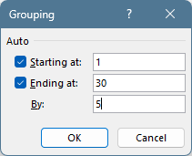 The Grouping dialog for a number field, with Starting at 1, Ending at 30 and By 5