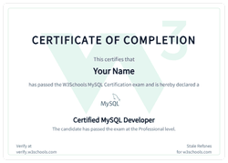 Example of the W3Schools MySQL certificate