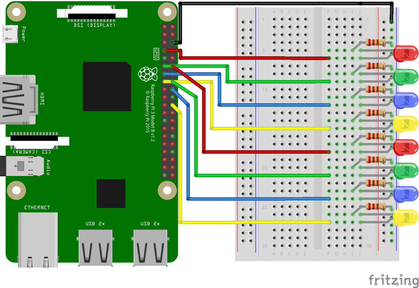 Raspberry Pi 3 with Breadboard. Flowing LEDs circuit