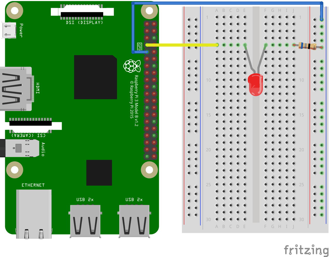 Raspberry Pi 3 with Breadboard. Simple LED circuit