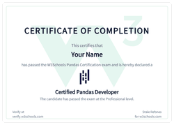Example of the W3Schools Pandas certificate
