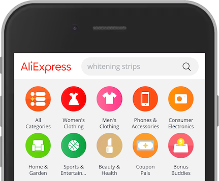 Screenshot from AliExpress showing the Logo, search field and category icons with text.