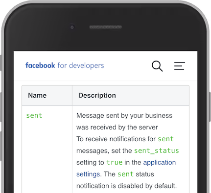 Screenshot from Facebook for developers, showing a table where status sent is shown with green color.