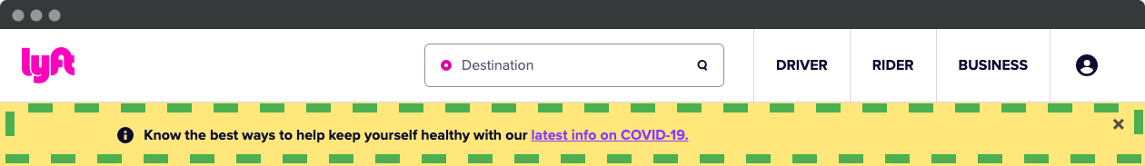 The Lyft website has a banner about Covid beneath the top section.
