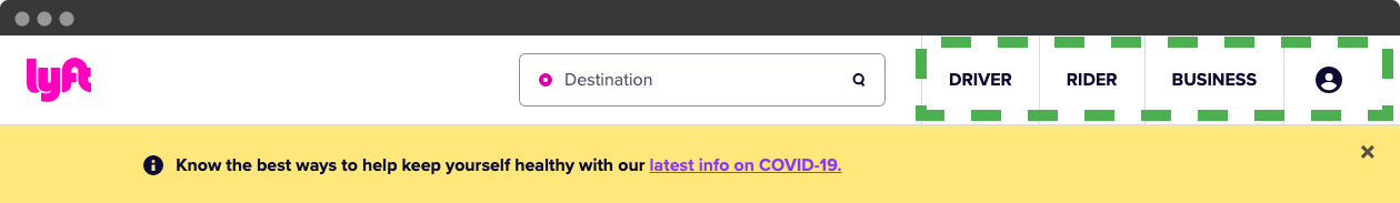 The top of the Lyft website, where the top right navigation is marked with a dashed border.