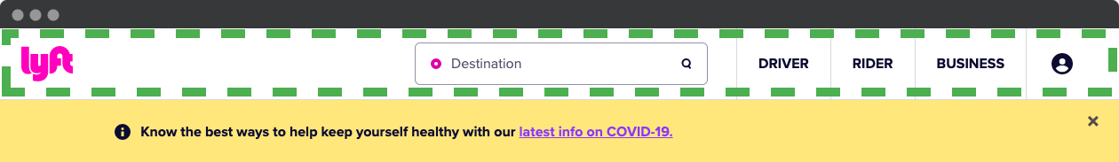 The top section of the Lyft website with a dashed border around the logo, search field and navigation.