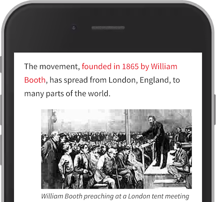 Screenshot from The Salvation Army, showing a text block with the link founded in 1865 by William Booth.