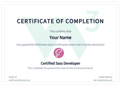 Example of the W3Schools Sass certificate