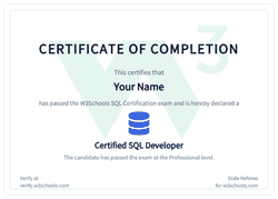 Example of the W3Schools SQL certificate