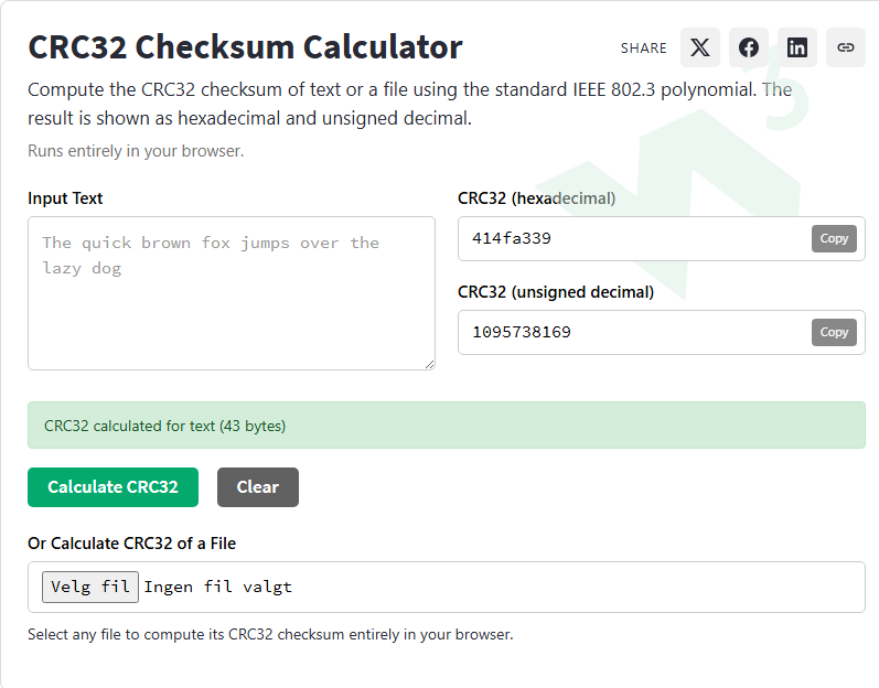 CRC32 Checksum Calculator - W3Schools