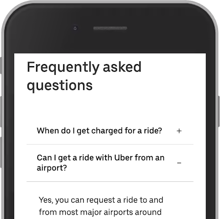 Screenshot of an accordion panel on Uber. One question is closed and one is open.